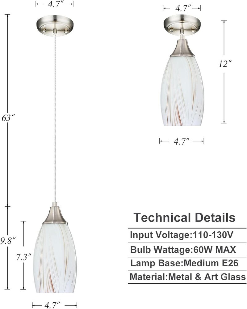 karyfine Mini Milk Glass Pendant Lights,Handcrafted Art Glass Pendant Hanging Light fixtures with Brushed Nickel Finish Adjustable Cord Glass Pendant Light Shade for Kitchen Island,Hallway,Dining Room - Image 2